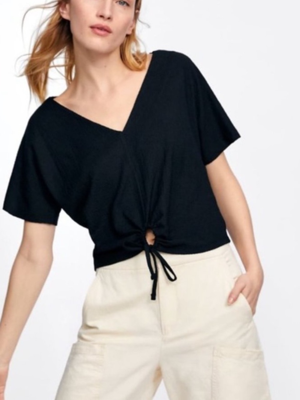 Zara Black Short Sleeve V-Neck Top w Tie Front Sz Large Crop Textured Black